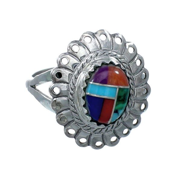 Southwestern Manmade Multicolor Inlay Sterling Silver Ring Size 7-1/2 JX131079